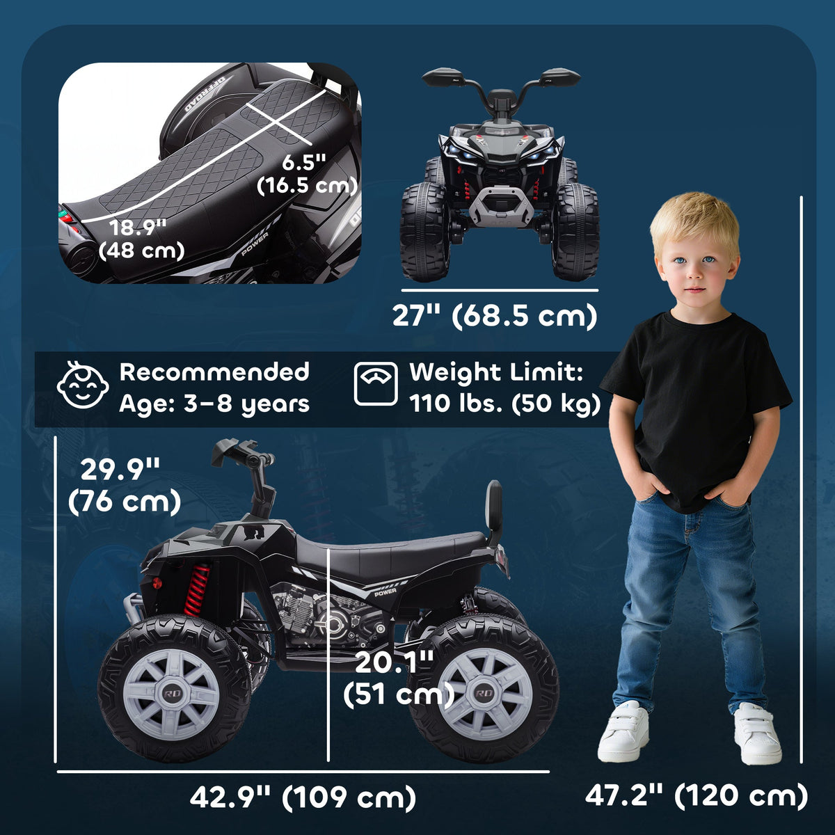 2-Seater All-Terrain 4 Wheeler, 24V Kids ATV Ride-On, Electric Quad Car with Dual Motor, for Boys and Girls, Black
