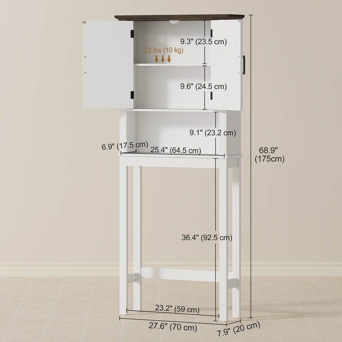 Over The Toilet Storage, Bathroom Cabinet Over Toilet with Open Shelf and Adjustable Bottom Bar, White