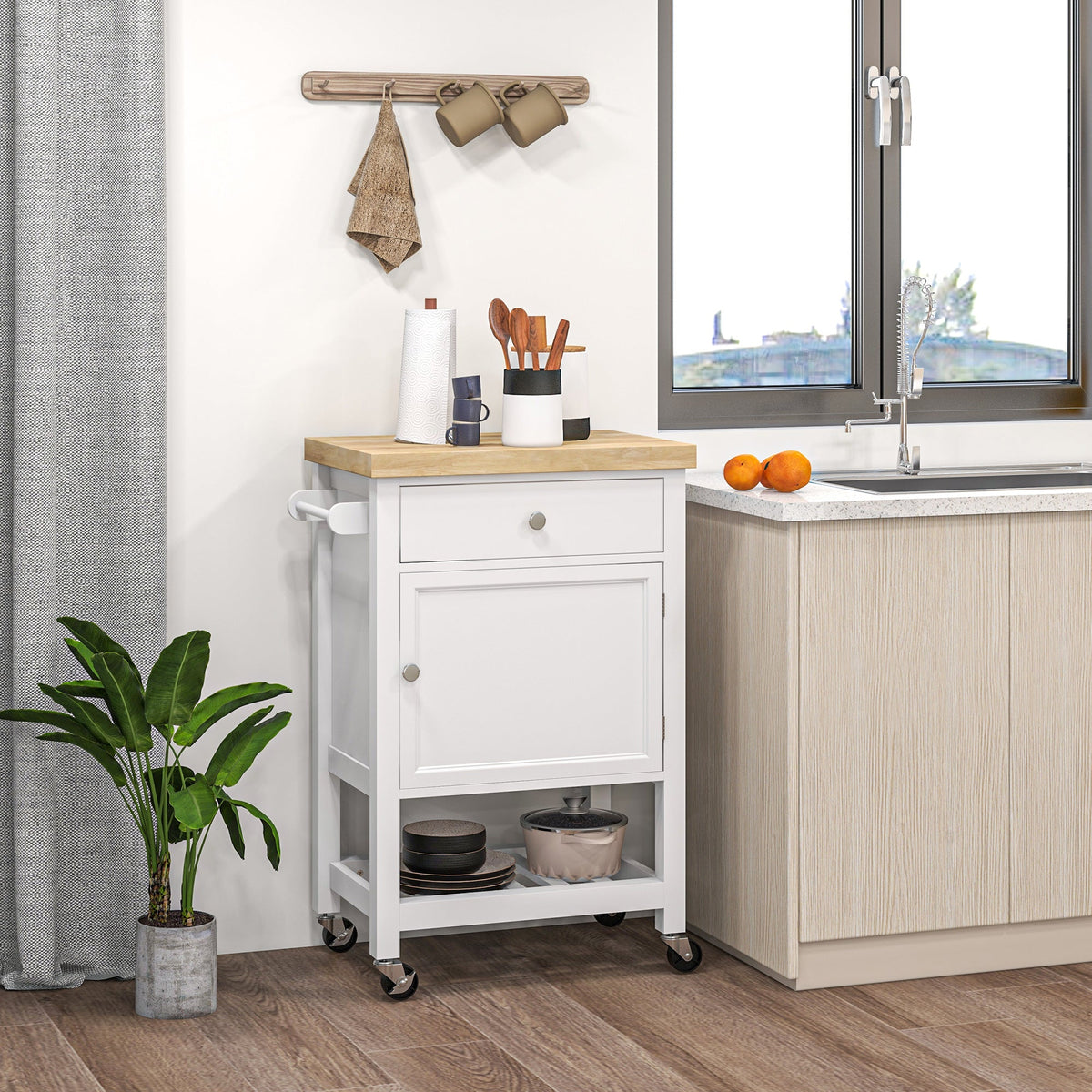 Kitchen Cart on Wheels, Rolling Kitchen Island Cart with Wood Top, Towel Rack, Drawer and Shelf for Dining Area, Grey