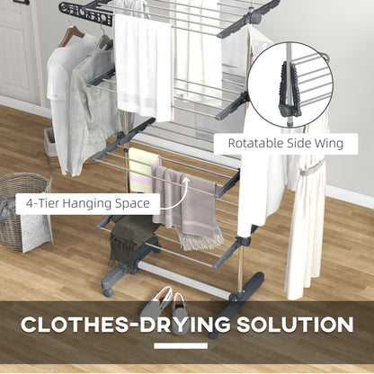 Garment Drying Rack Stainless Steel Folding Clothes Hanging Rack with Side Wings Castors for Indoor Outdoor Black