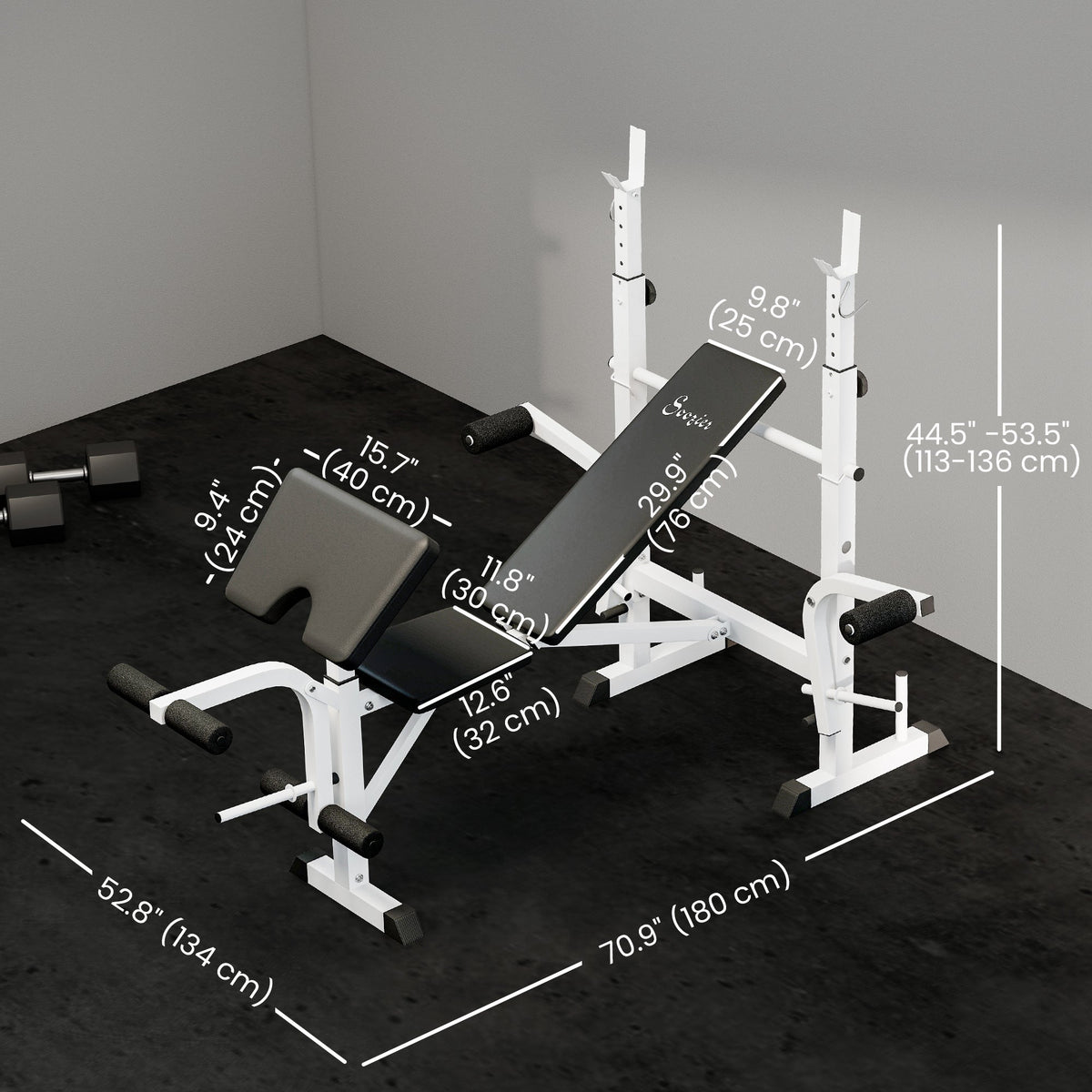 Bench Press Set Adjustable Weight Bench with Squat Rack, Preacher Curl Pad, Leg Developer and Weight Storage, White