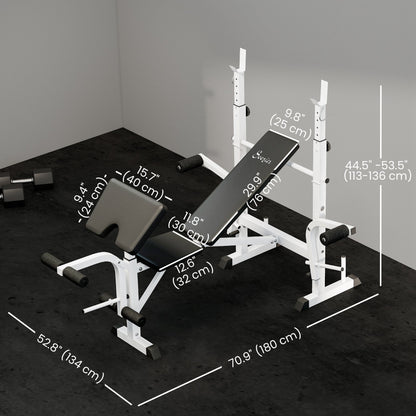 Bench Press Set Adjustable Weight Bench with Squat Rack, Preacher Curl Pad, Leg Developer and Weight Storage, White