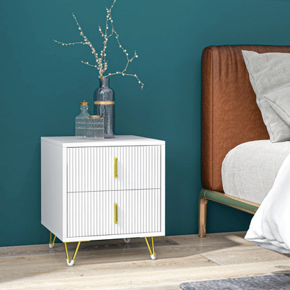 Bedside Table, Modern Nightstand with 2 Drawers, Side End Table with Metal Legs for Living Room, Bedroom, White