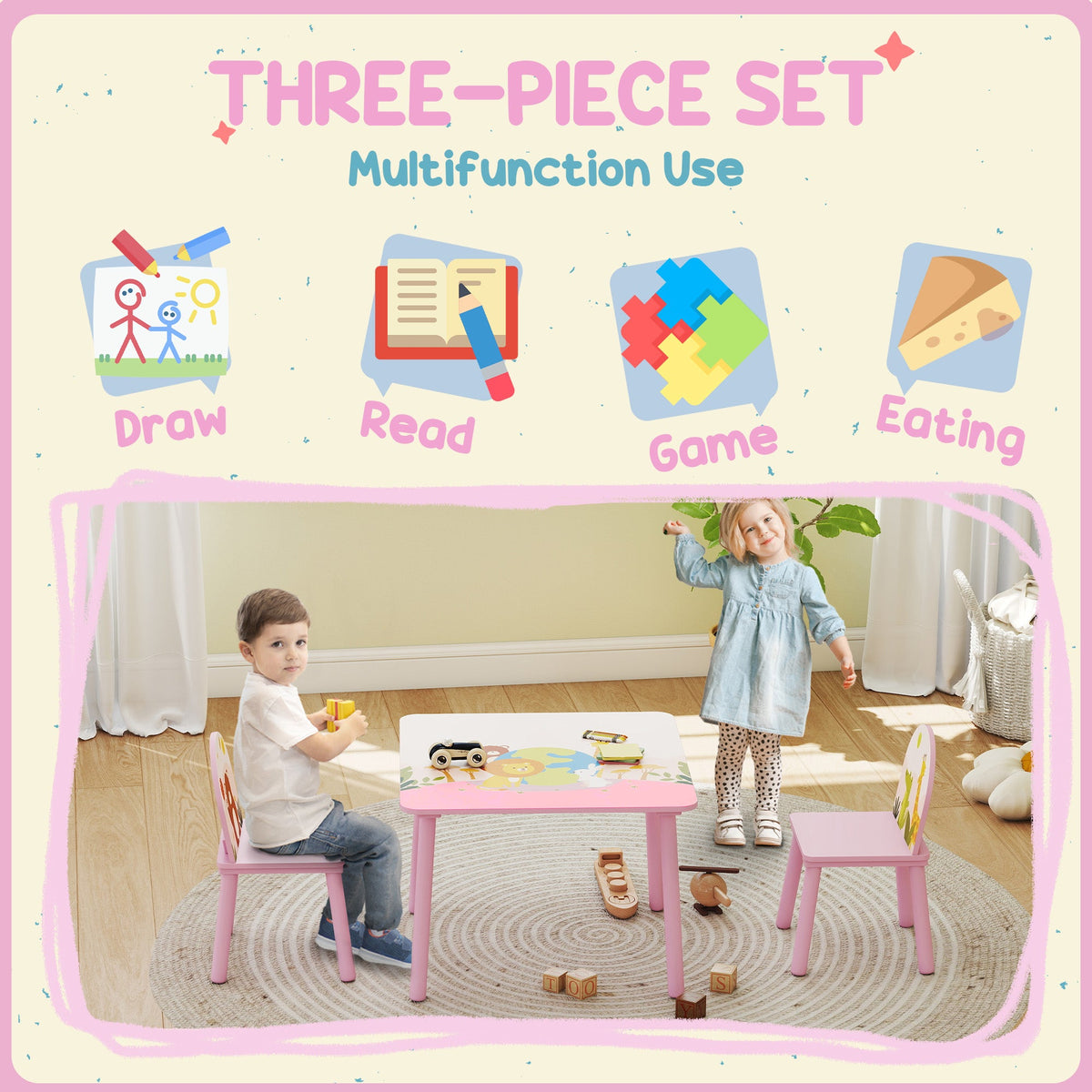 Kids Table and Chair Set, Toddler Table and 2 Chairs Set for Art, Craft, Reading, Learning, Pink