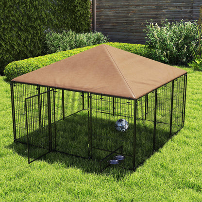 4.6' x 4.6' x 5' Outdoor Dog Kennel with Canopy, Rotating Bowls, Coffee