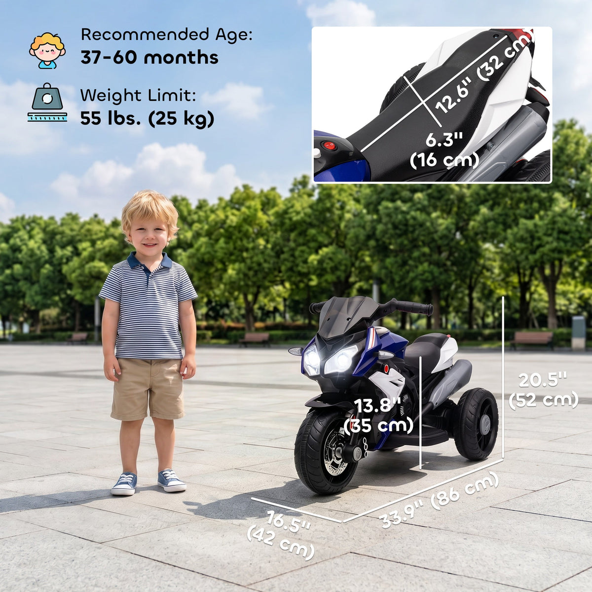 Kids Electric Motorcycle Ride-On Toy with 3 Wheels, Music, Horn, Lights, Black