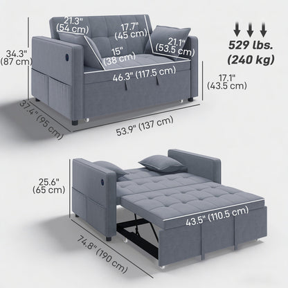 3‑in‑1 Convertible Sofa Bed, Pull Out Sleeper Sofa with USB Charging, Adjustable Backrest, Side Pockets, Beige