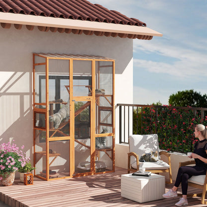 Large Outdoor Catio with 6 Jumping Platforms, Scratching Post, 2 Ramps, Waterproof Roof, Grey
