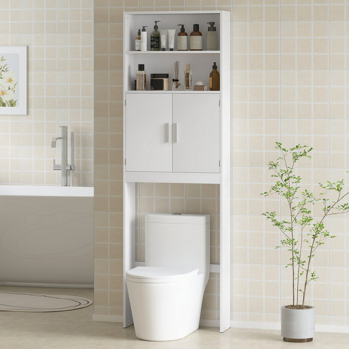 Over The Toilet Storage Cabinet, Freestanding 4-Tier Bathroom Organizer with Adjustable Shelf and 2 Doors, White