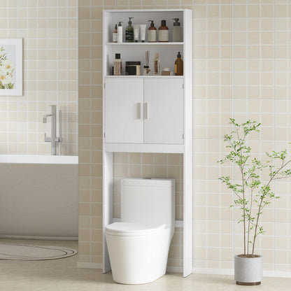 Over The Toilet Storage Cabinet, Freestanding 4-Tier Bathroom Organizer with Adjustable Shelf and 2 Doors, White