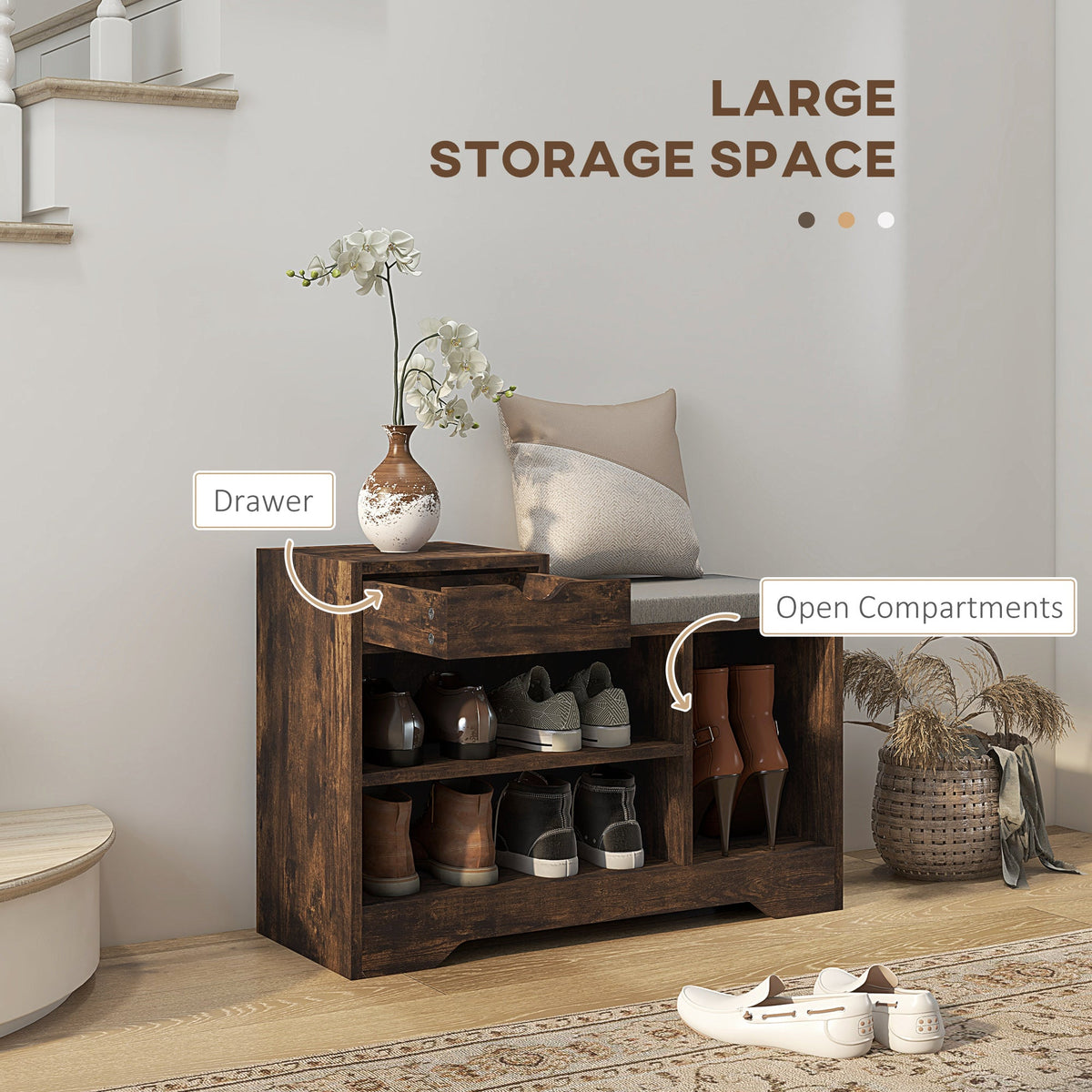 Upholstered Shoe Storage Bench, Hallway Shoe Storage with Seat, Drawer, 3 Open Shelves for Entryway, Grey