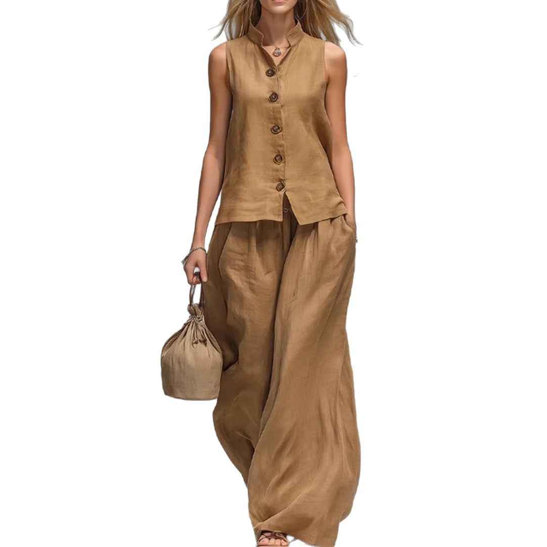 Casual Two-Piece Stand Collar Sleeveless Vest And Matching Pants Set - Summer Women Vest & Pan Two Piece Outfit