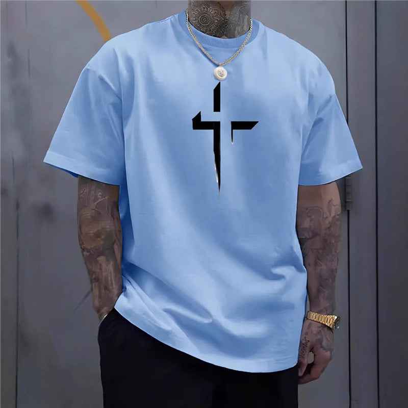 Street-style Mens Casual Loose-fit Cross-print Creative Sports Short-sleeve Top