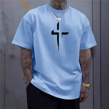 Street-style Mens Casual Loose-fit Cross-print Creative Sports Short-sleeve Top