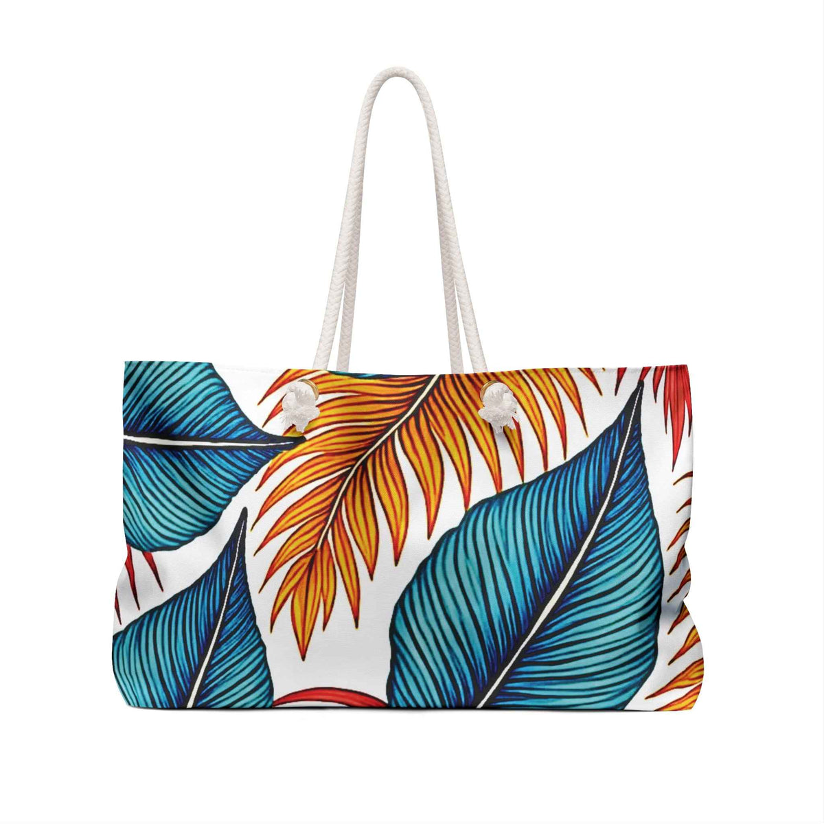 Tropical Leaf Pattern Weekender Bag | Blue Teal Orange Palm, Large Tote Bag
