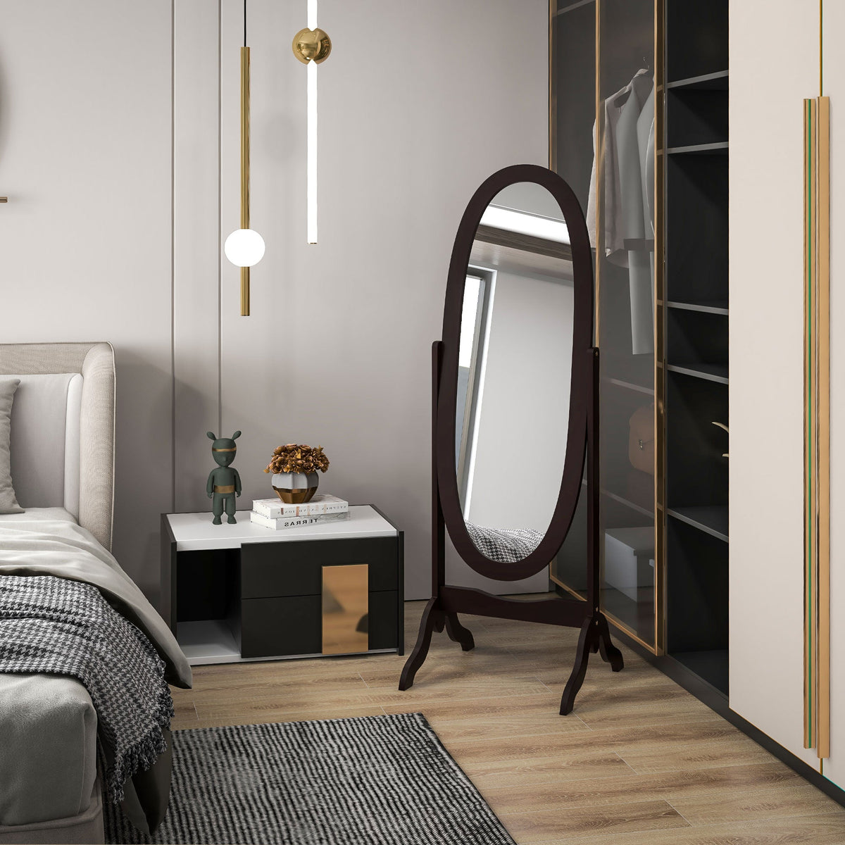 Floor Standing Mirror Full Length Mirror with Adjustable Angle Oval Frame for Dressing Room Bedroom Living Room White