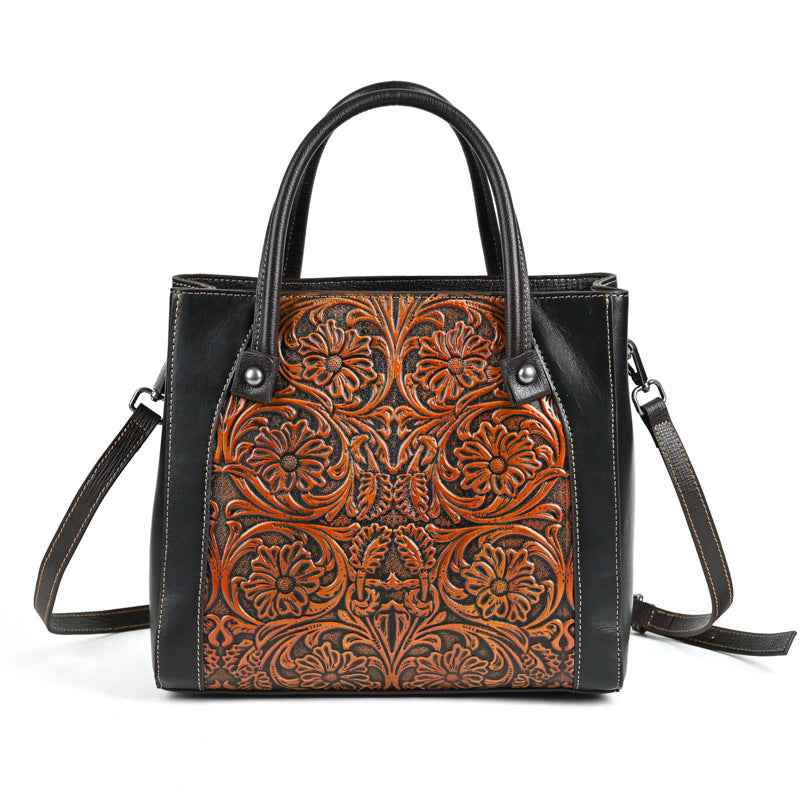 Single-shoulder Slanted-top Full-grain Leather Tote Bag With Leather Carving