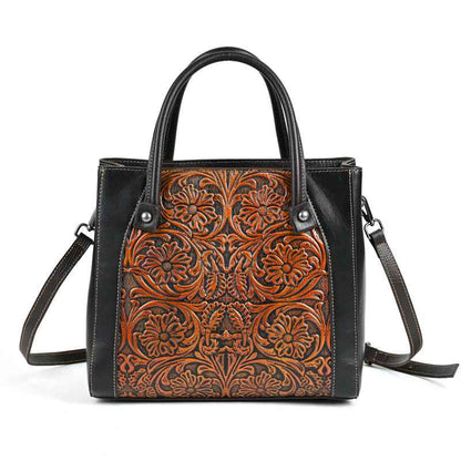 Single-shoulder Slanted-top Full-grain Leather Tote Bag With Leather Carving