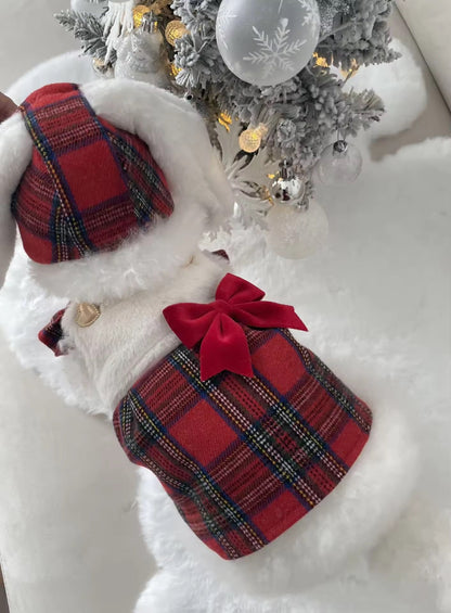 Winter Bunny Dress for Dogs – Red Plaid Dog Dress with Hat