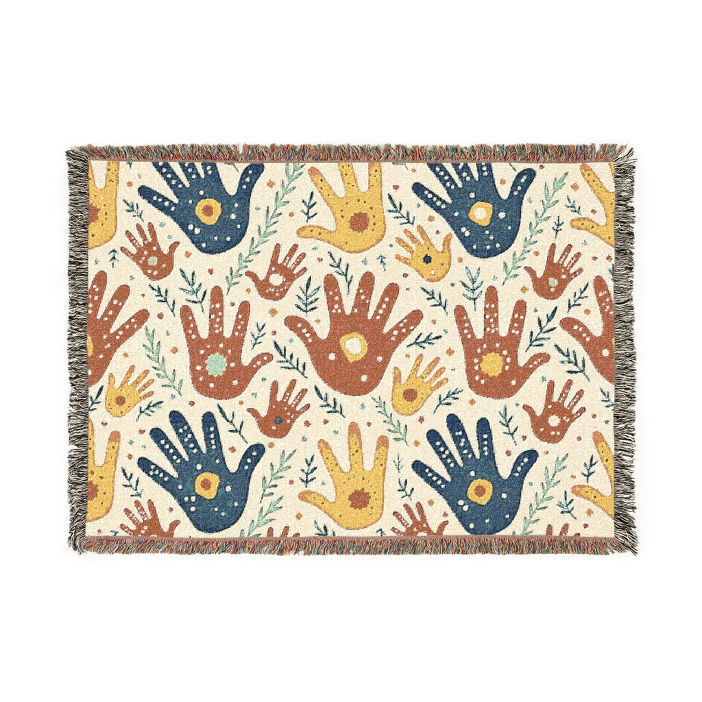 Handprint Pattern Woven Blanket — Boho Tribal Throw for Living Room, Nursery, or Gift