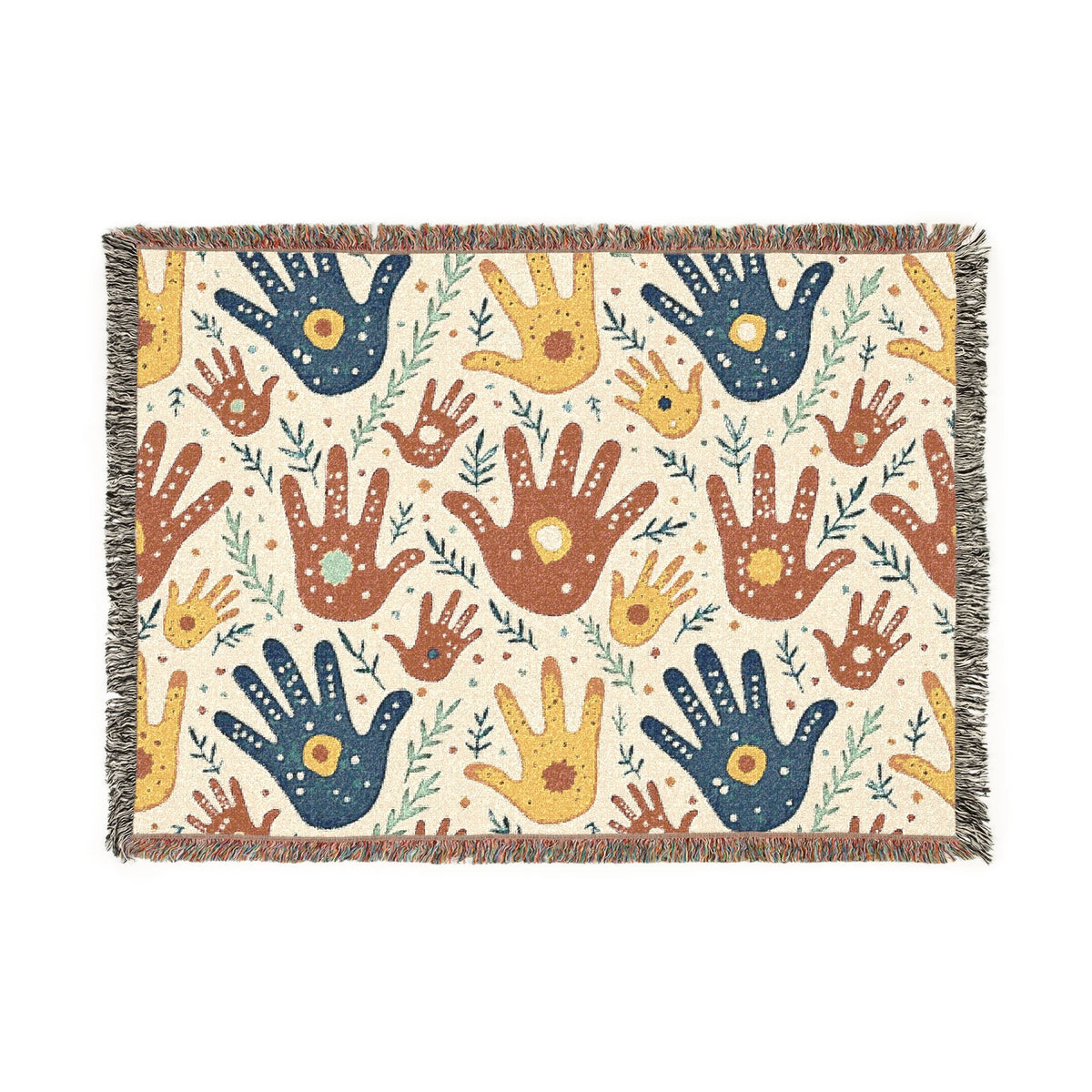 Handprint Pattern Woven Blanket — Boho Tribal Throw for Living Room, Nursery, or Gift