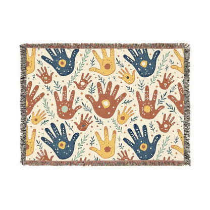 Handprint Pattern Woven Blanket — Boho Tribal Throw for Living Room, Nursery, or Gift