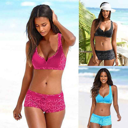 Women's European And American Printed Split Four Corners Zipper Bikini Swimsuit