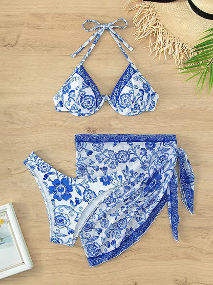 New Blue And White Porcelain Printed Bikini Sexy Adjustable Lace Up