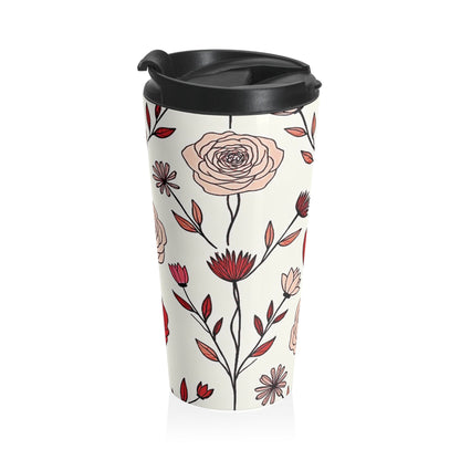 Hand-Drawn Red Heart Floral Stainless Steel Travel Mug | Valentine Pattern