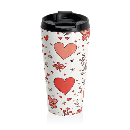 Hand-Drawn Hearts Travel Mug | Valentine Butterfly Floral Stainless Steel