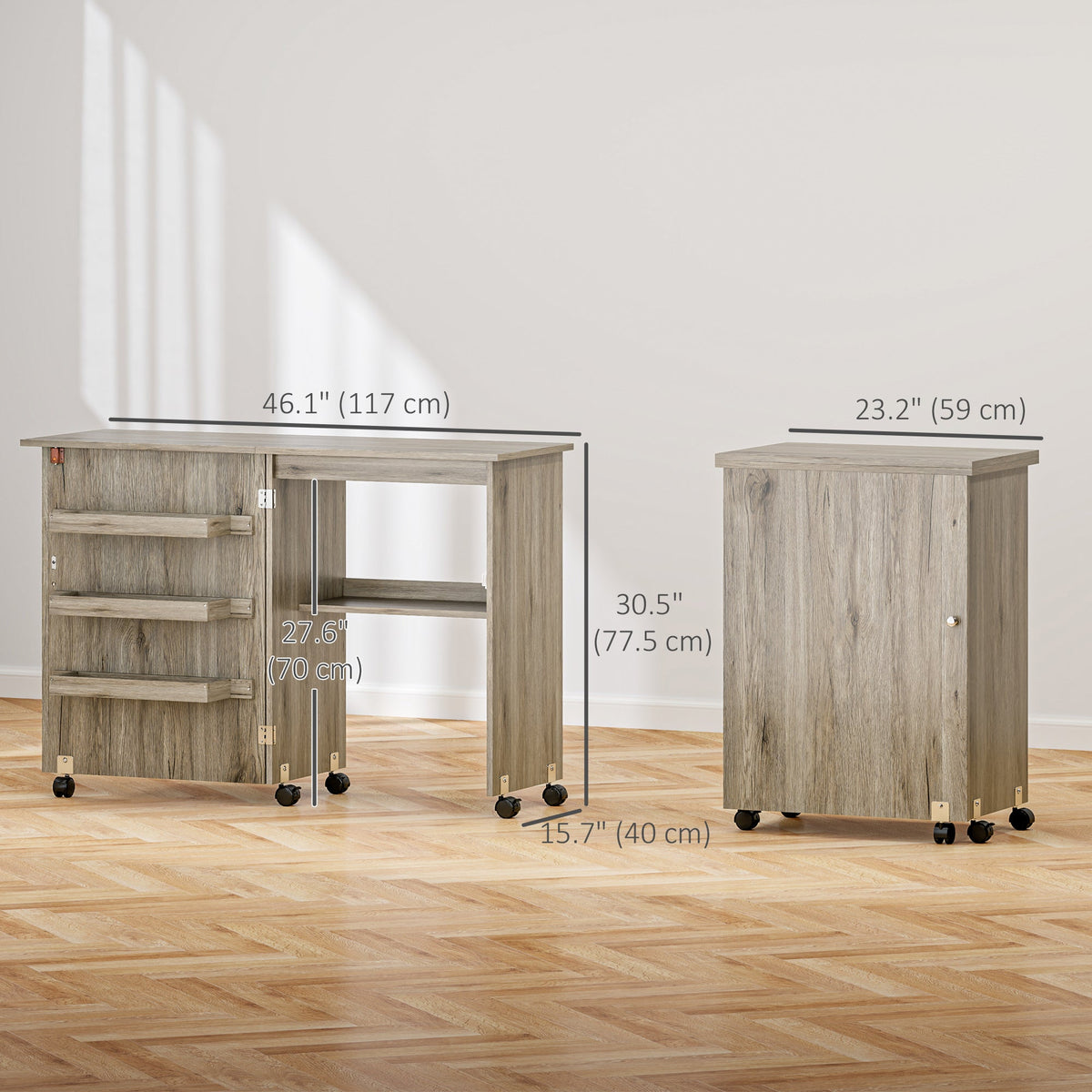 Sewing Machine Cabinet, Folding Sewing Table with Storage Shelf, Bins and Lockable Wheels for Small Space, Brown
