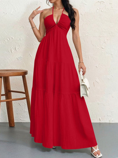 Backless Halterneck V-Neck Pleated A- Line Dress Women's Clothing One-Piece Dress Ankle-length Skirt For Beach Vacation Outfits