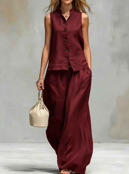 Casual Two-Piece Stand Collar Sleeveless Vest And Matching Pants Set - Summer Women Vest & Pan Two Piece Outfit