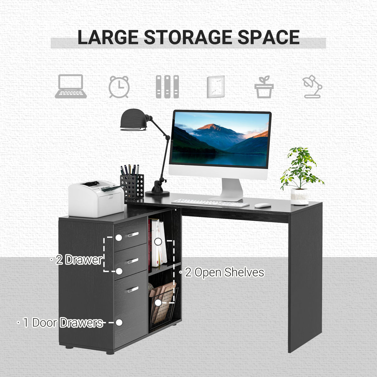 L-Shaped Corner Straight Writing Desk with Storage Shelf, Drawer, Home Office PC Table Computer Workstation, Black