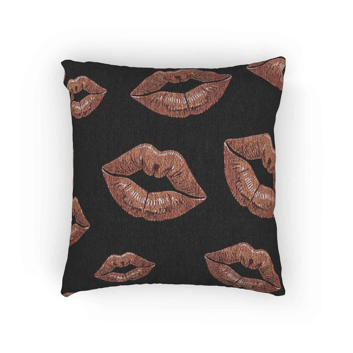 Rose Gold Lip Print Woven Pillow | Black Background, Decorative Throw Pillow