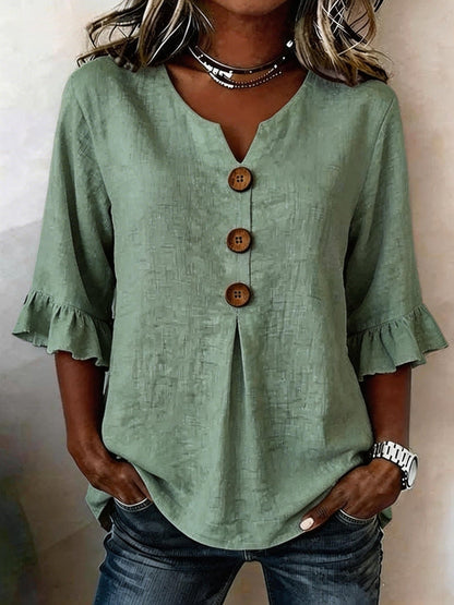 Summer Ruffled-Sleeve Top Loose Casual V-Neck Buttons Short-sleeved Shirts Women's Clothing
