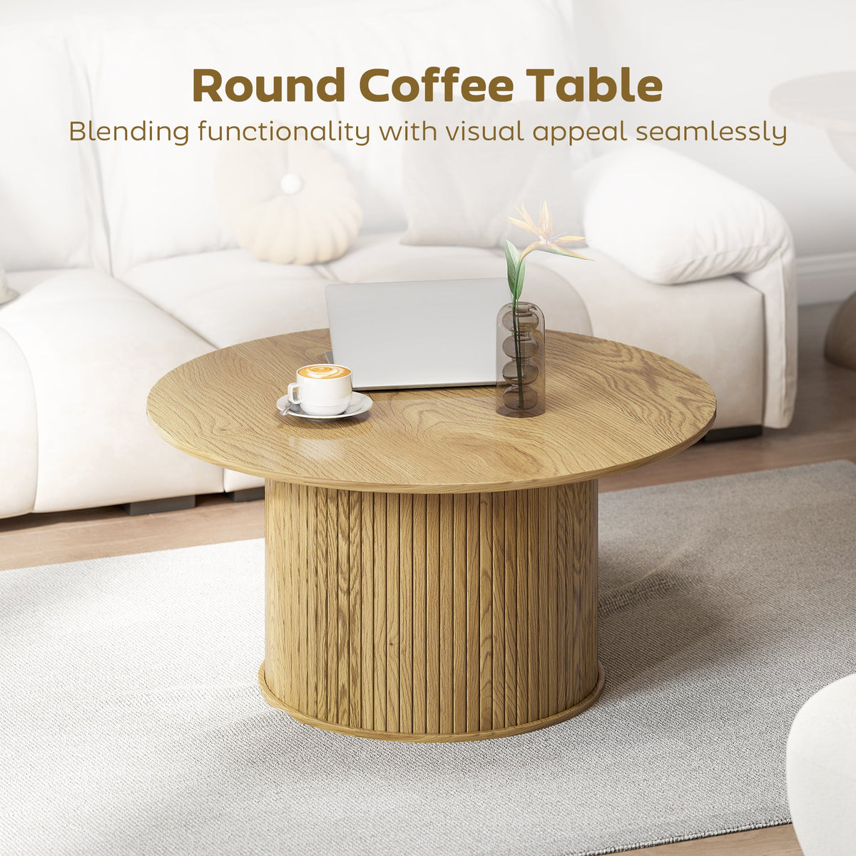 Cedar 31.5" Modern Nordic Style Center Table with Fluted Base-Oak