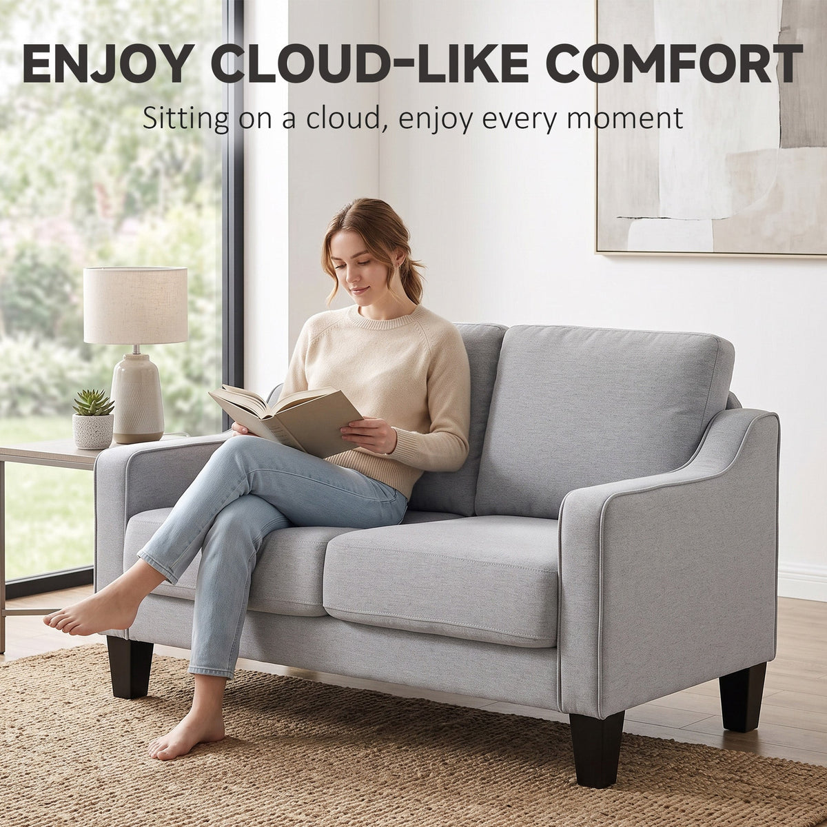 Loveseat Sofa, Modern Couch with Pocket Spring, Linen Upholstered, Thick Padded, Beige