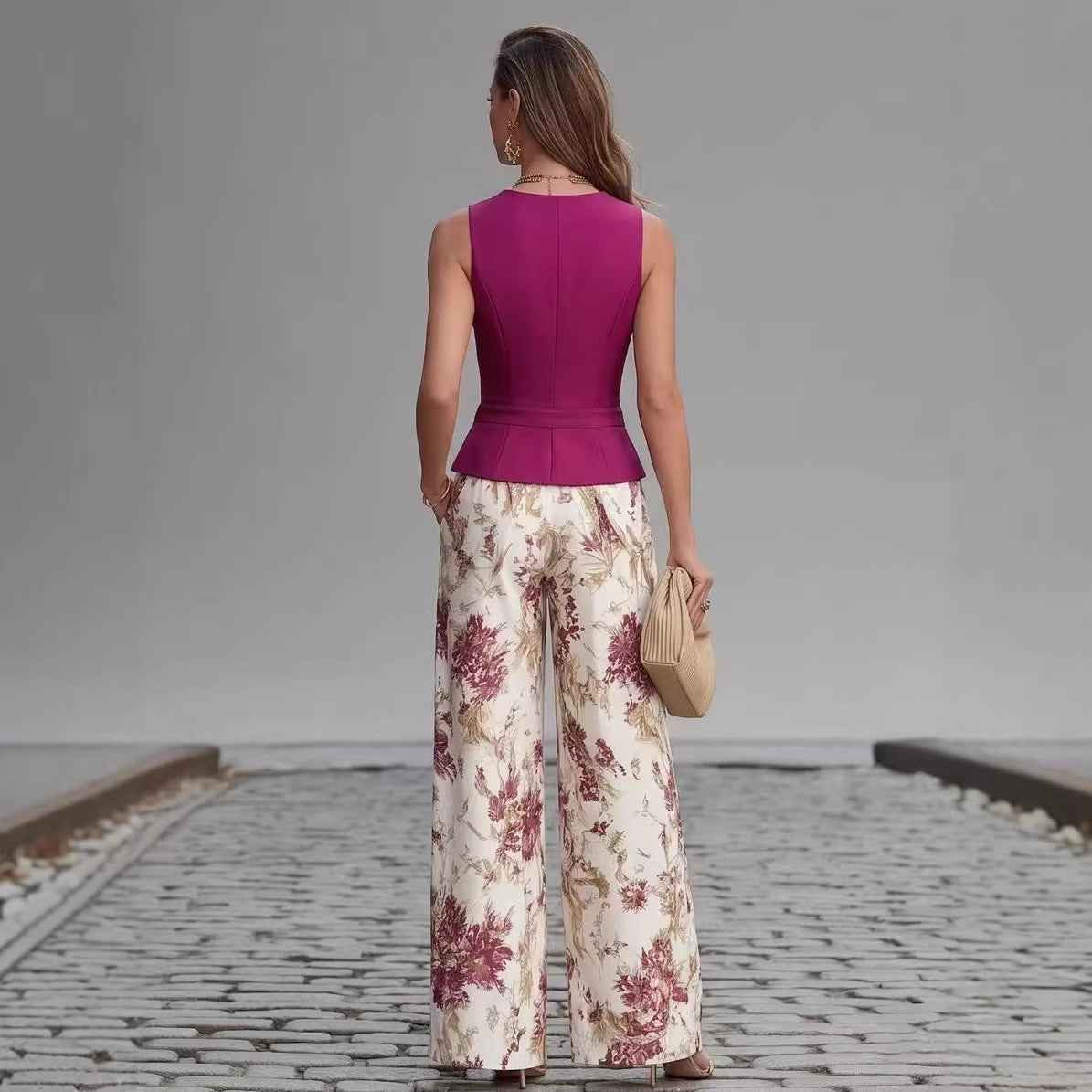 Elegant Buttoned Vest Top And Summer Slimming Wide-leg Pants Two-piece Set For Women