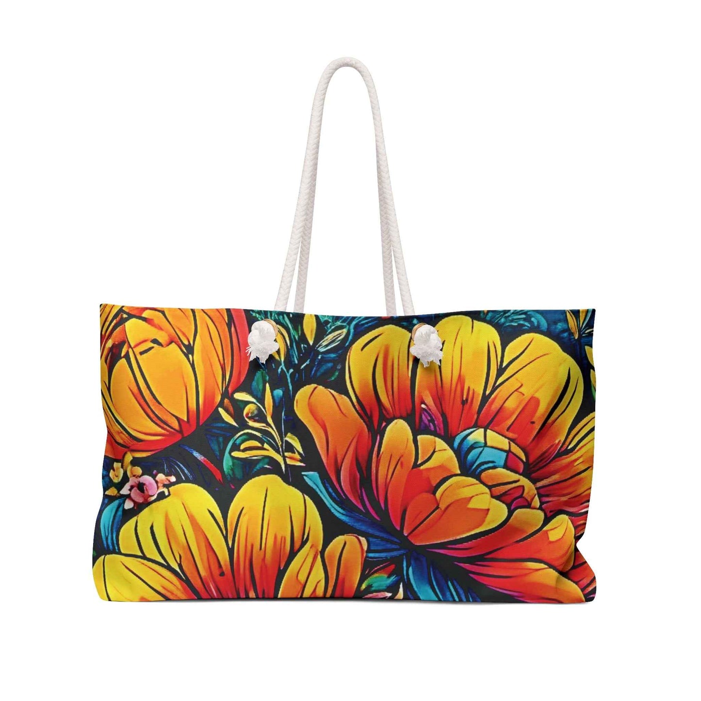 Vibrant Floral Illustration Weekender Bag | Colorful Tropical Flower Large Tote Bag