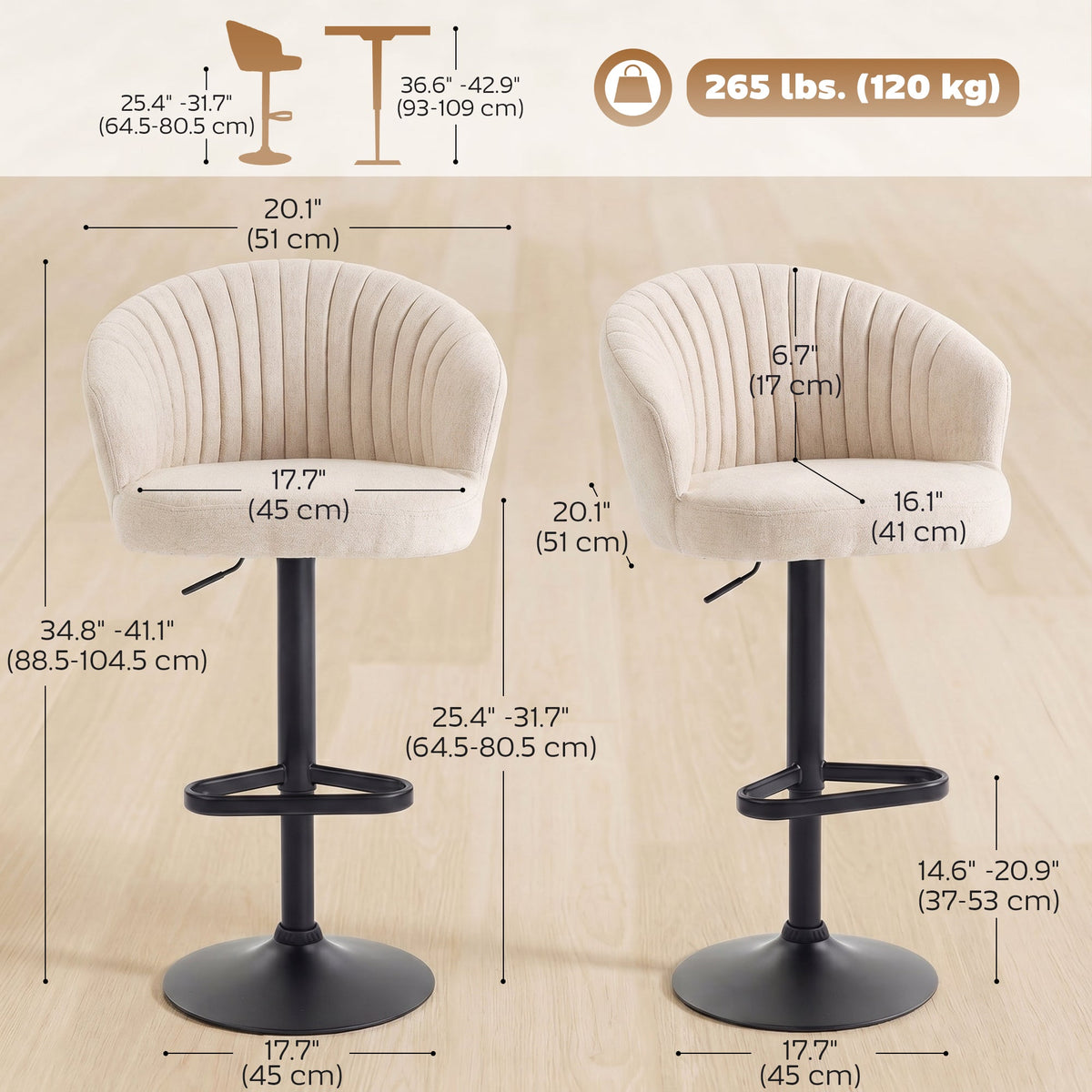 Bar Stools Set of 2, Swivel Counter Height Barstools with Back, Footrest, Adjustable Height, Beige