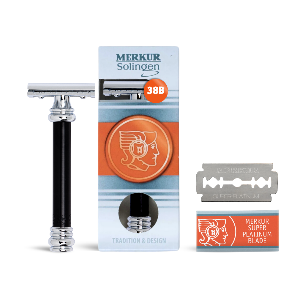 Merkur 38B 2-Piece DE Safety Razor, Closed Comb, Barberpole Long Heavy Handle, Black