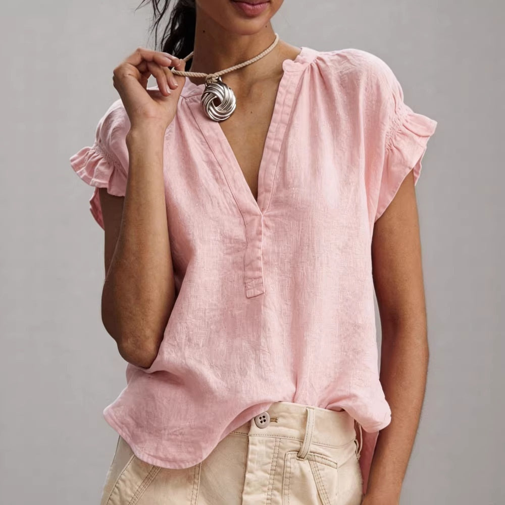 Women's Casual V-Neck Cotton-Linen Blouse Top Summer Ruffle Short-Sleeve Solid Color Office Daily Wear Shirts