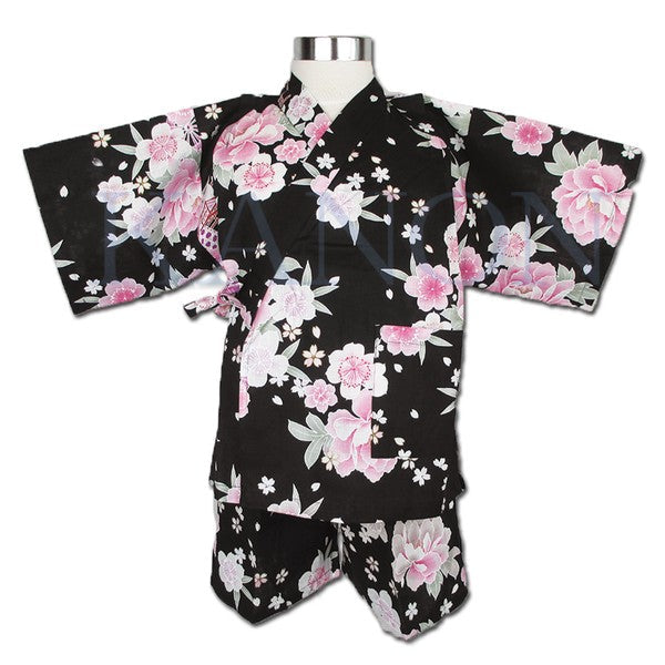 [Pre-Order] Girls' Jinbei Set: Flower Cart - Black 2-Piece Set (Textured Cotton) (Save 10% in March)