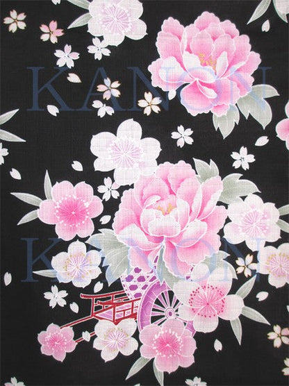 [Pre-Order] Girls' Jinbei Set: Flower Cart - Black 2-Piece Set (Textured Cotton) (Save 10% in March)