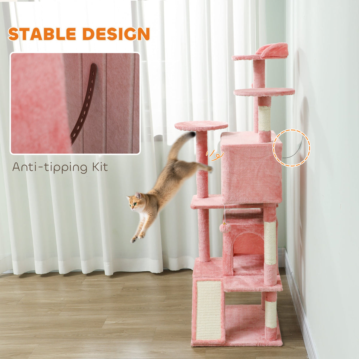 54" Cat Tree, Multi-Level Cat Tower with Scratching Posts, Cat Condos, Bed, Platforms, Ramp, Toy Ball, Beige