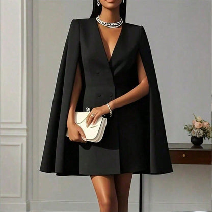 Elegant Cape Blazer Mini Dress For Women, Luxury Double-Breasted V-Neck Formal Dress With Structured Shoulders & Flowing Cape Sleeves.