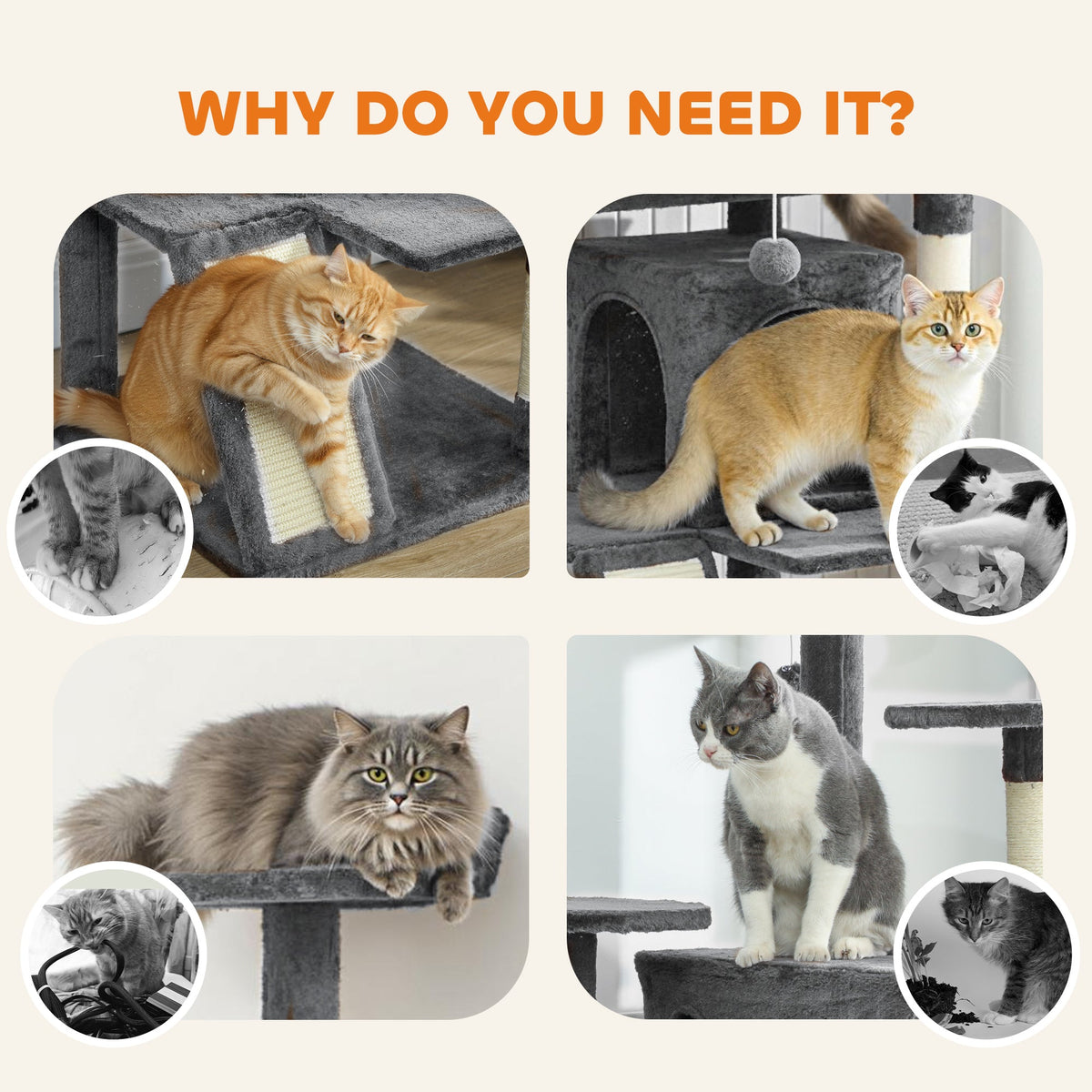 54" Cat Tree, Multi-Level Cat Tower with Scratching Posts, Cat Condos, Bed, Platforms, Ramp, Toy Ball, Beige