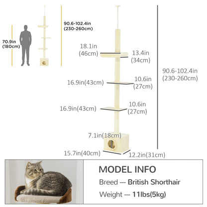 Floor to Ceiling Cat Tree with Scratching Post for Indoor Cats, Adjustable Height Cat Tower (91-102 Inches) with House, Bed, Beige