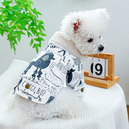 Sketch Print Dog Coat | Warm Dog Coat with Fur Trim